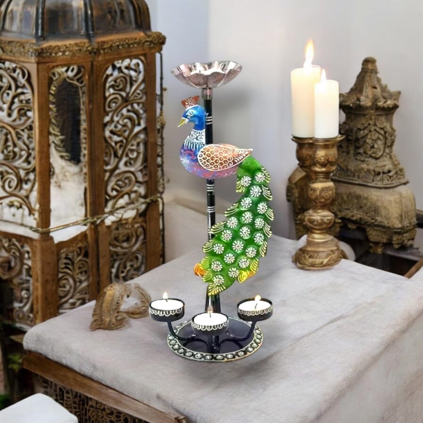 Malik Designs Metal peacock T light candle holder