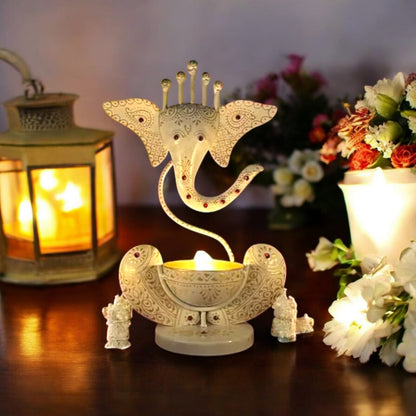 Elegant Ganpati Tealight Holder with Pearl White Gold Finish