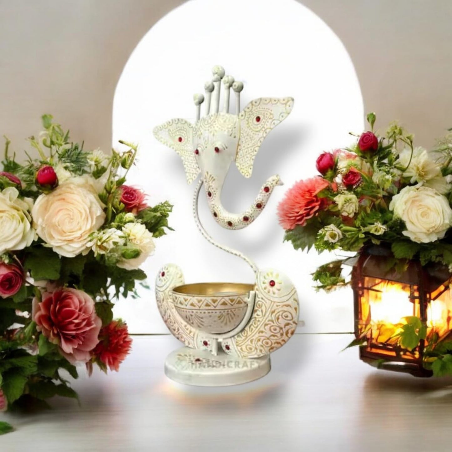 Elegant Ganpati Tealight Holder with Pearl White Gold Finish