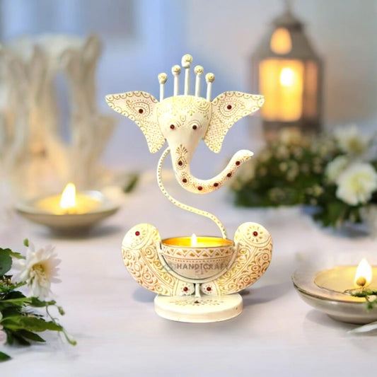 Elegant Ganpati Tealight Holder with Pearl White Gold Finish